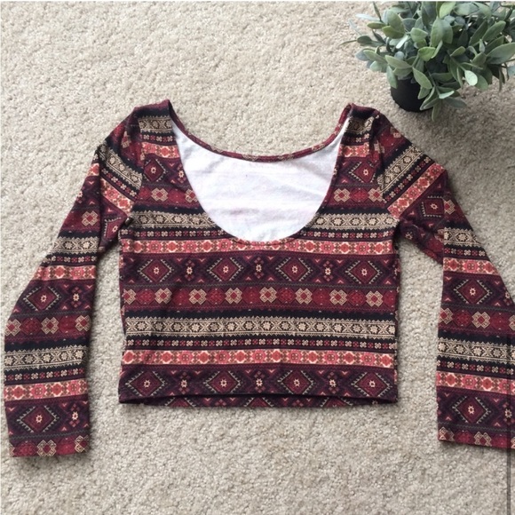 Fall Autumn Style Burgundy & Orange Long Sleeve Crop Top - Vintage Forever 21 - Picture 4 of 8